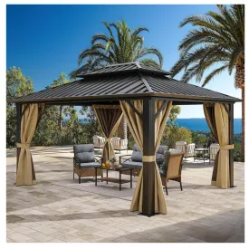 10'x12' YITAHOME Double Roof Gazebo w/ Netting & Curtains (Brown)