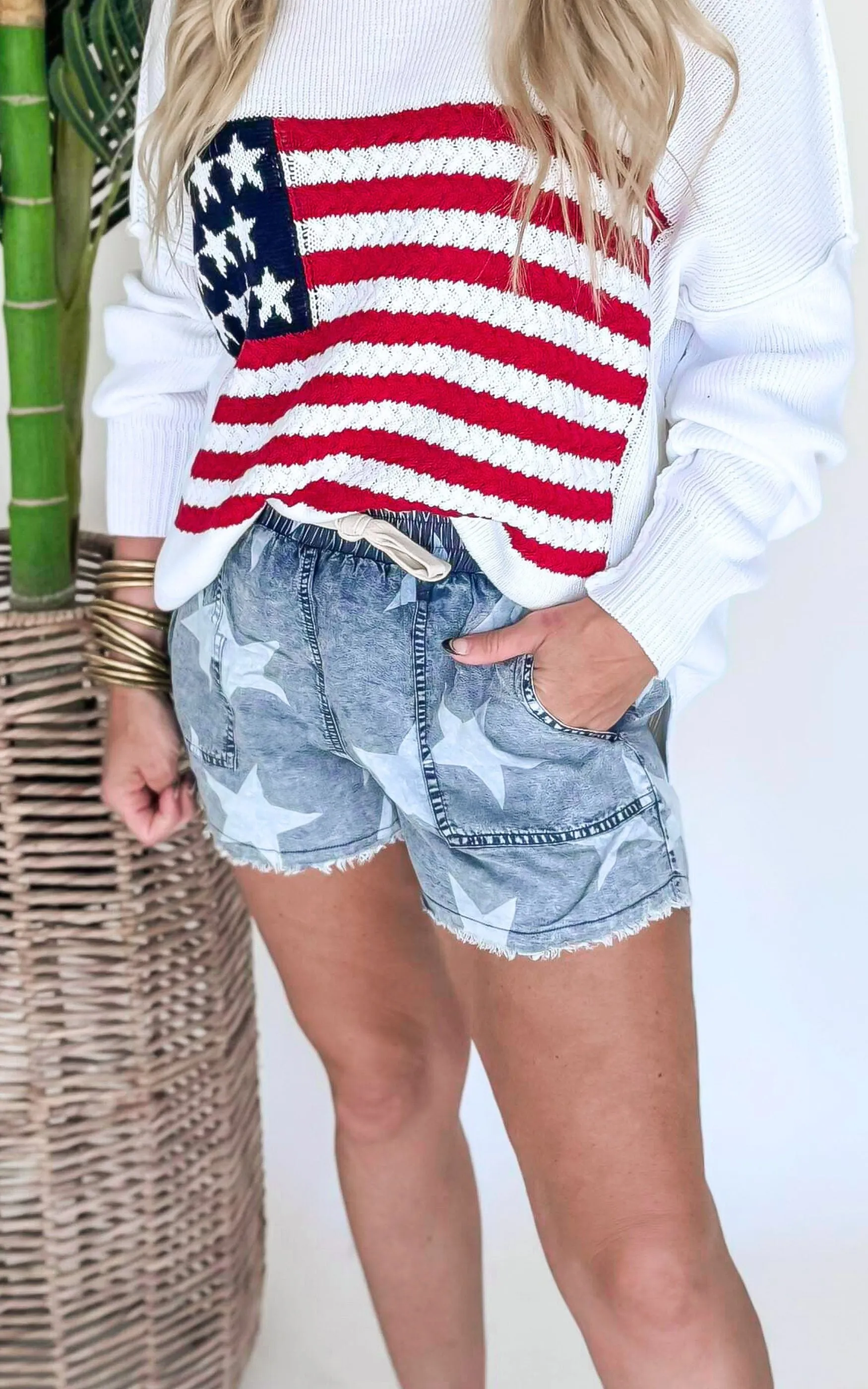 Americana Mineral Wash Raw Hem Star Shorts - Final Sale