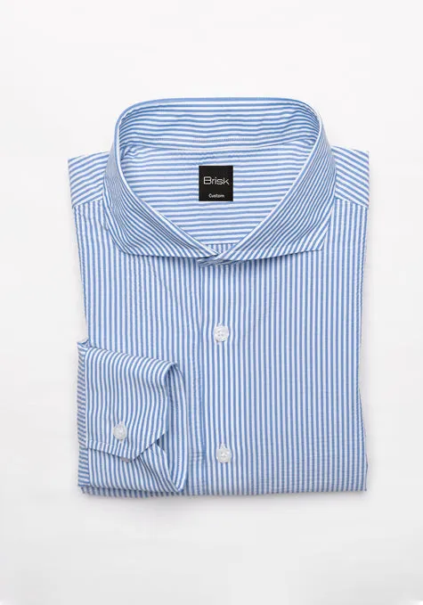 Blue Narrow Seersucker Performance Stretch Stripes Shirt - Wrinkle Free