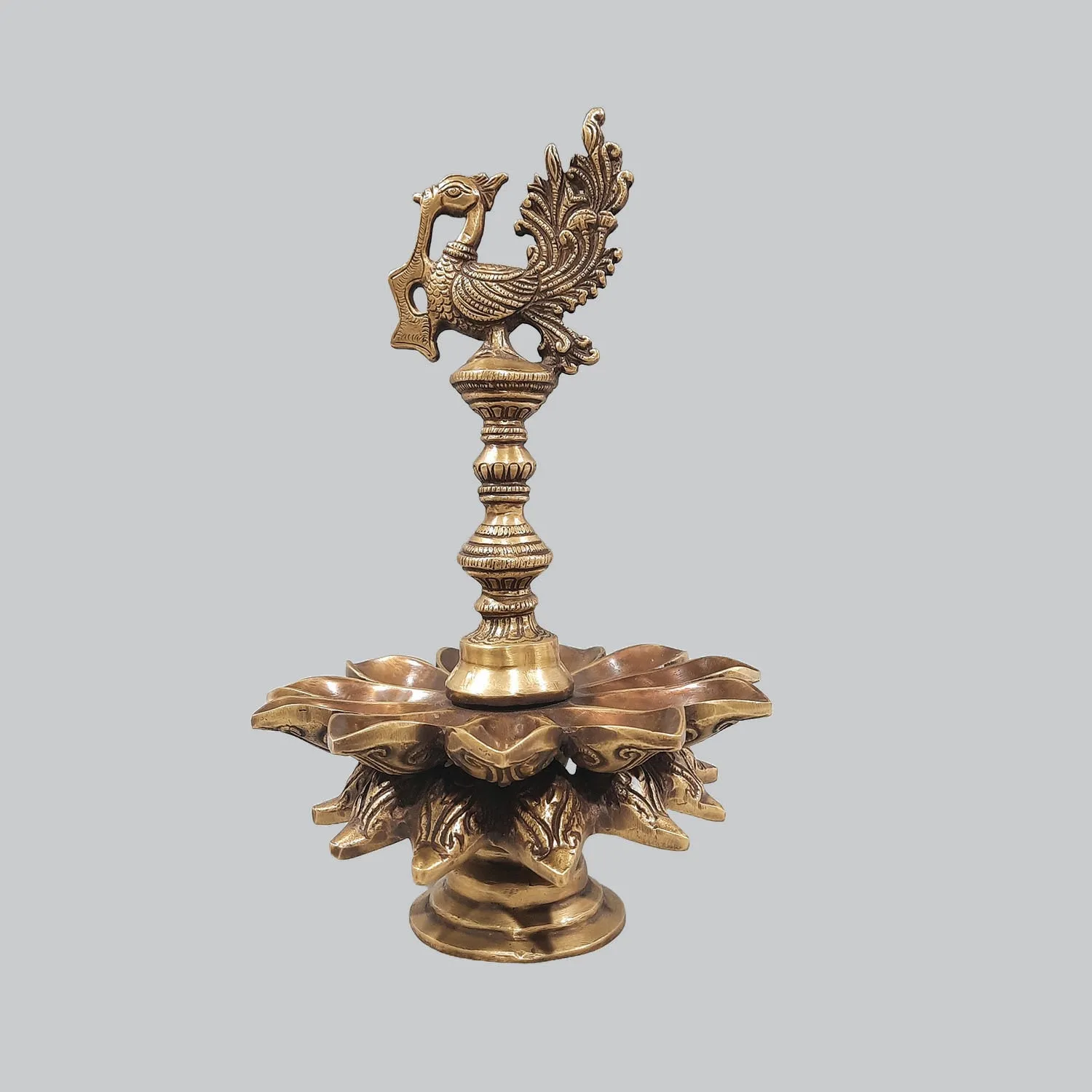 Brass Lamp Peacock with Flower Base 15 in