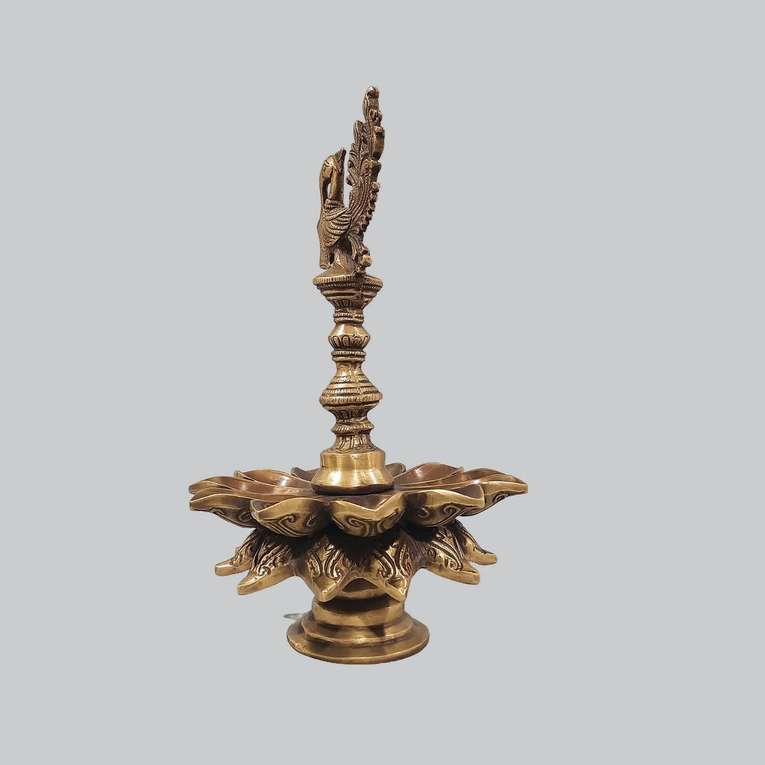 Brass Lamp Peacock with Flower Base 15 in