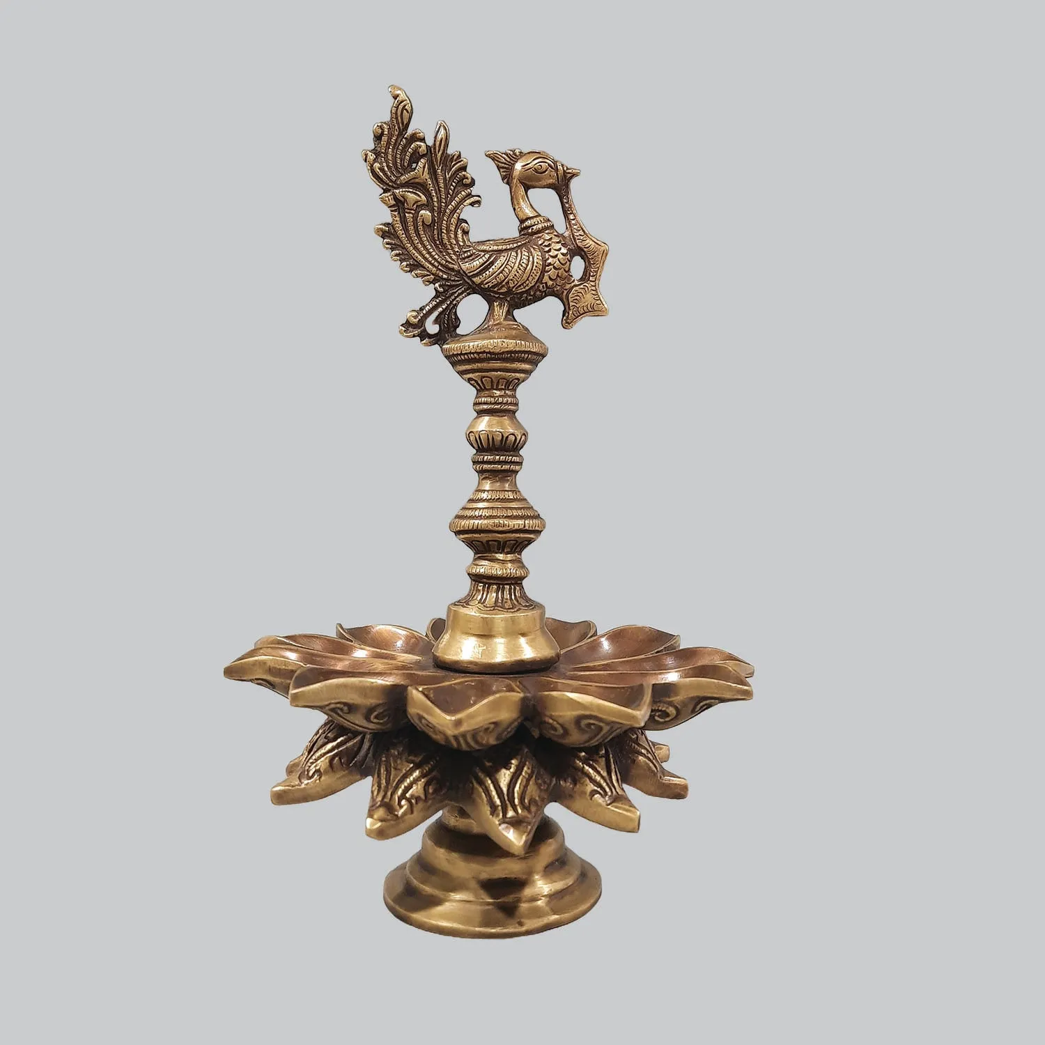 Brass Lamp Peacock with Flower Base 15 in