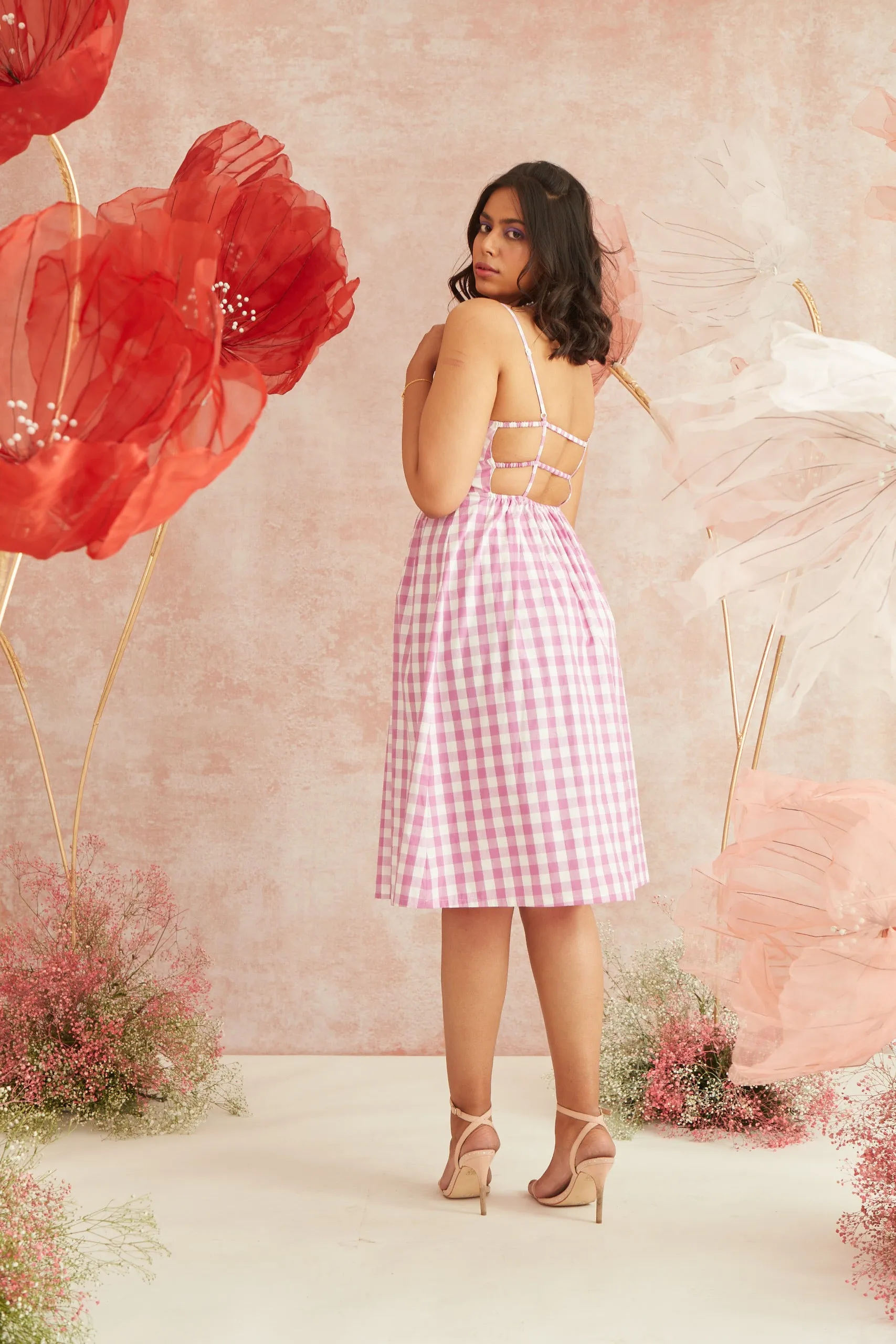 Georgie Pink Gingham Strappy Midi Dress