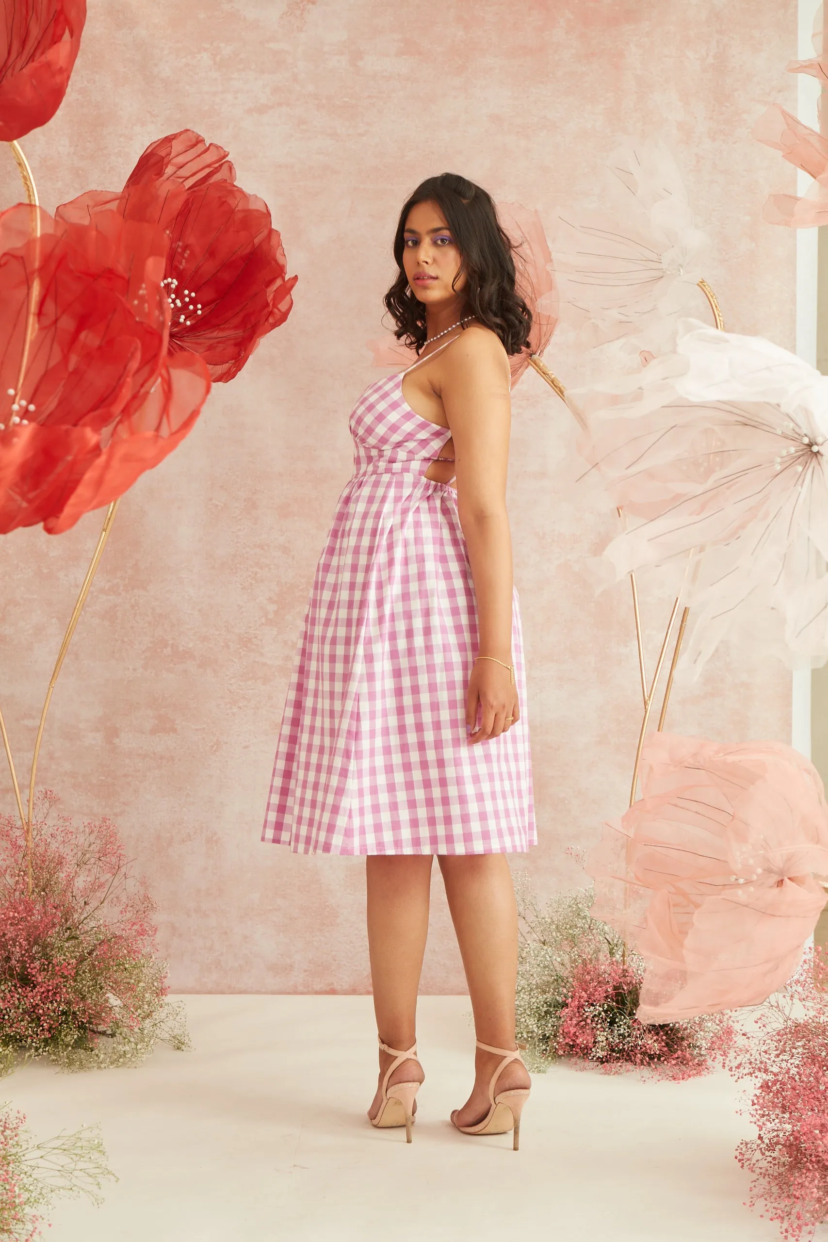 Georgie Pink Gingham Strappy Midi Dress