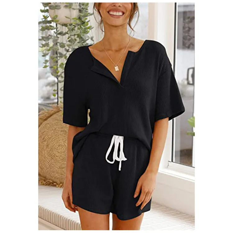 Haute Edition Women's Split Neck Tee And Shorts Lounge Pajama Set