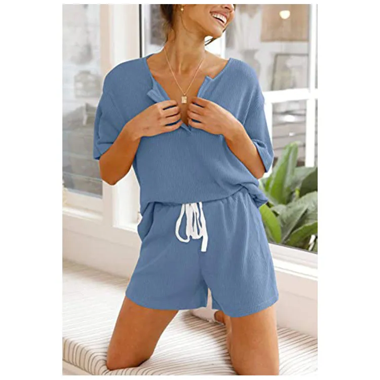 Haute Edition Women's Split Neck Tee And Shorts Lounge Pajama Set